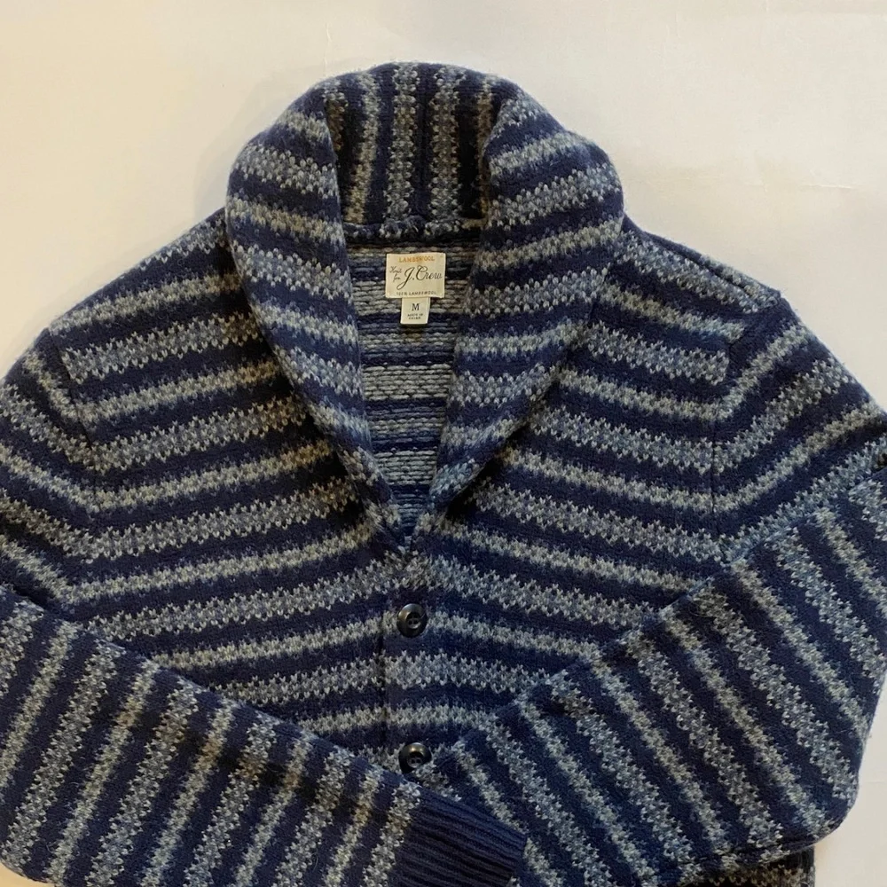 J. Crew Fair Isle lambswool navy and gray striped cardigan